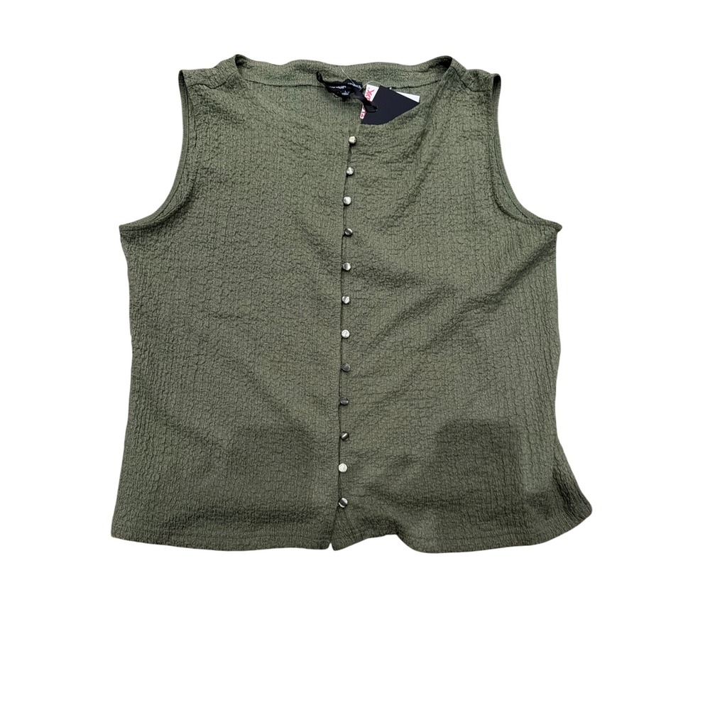 Modern Works Olive Green Crinkle Textured Button Front Sleeveless Top L NEW